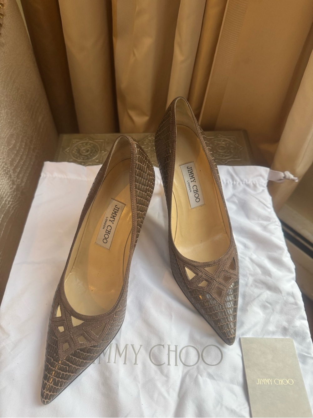 Jimmy Choo Brown Croc-Embossed Pointed-Toe Pumps